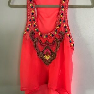 6 Shore Road Neon Coral Nuri Beaded Top, Medium
